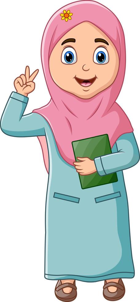 Cartoon illustration of Islamic girl holding a Quran book vector