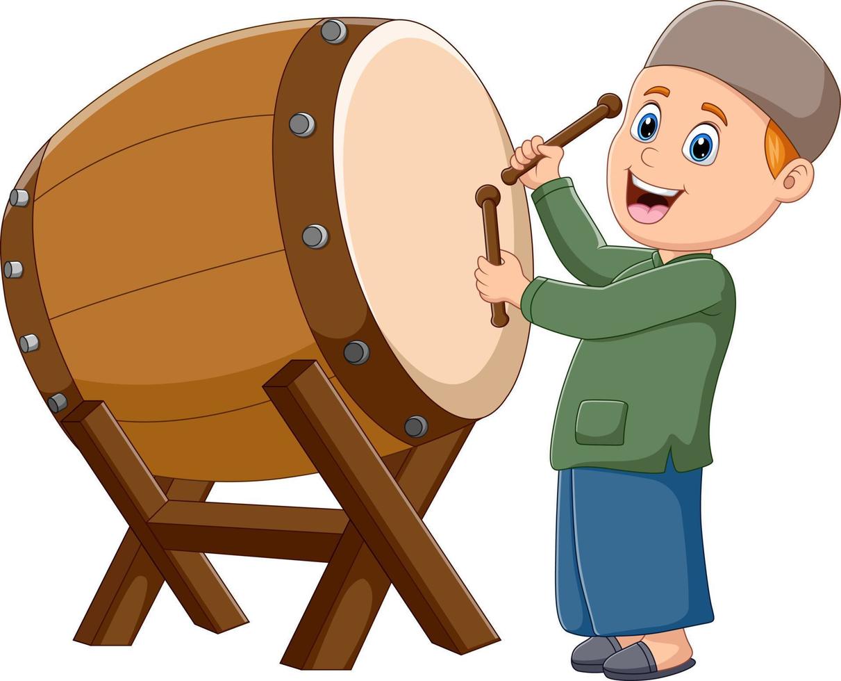 Cartoon illustration a Muslim man hitting the drum vector