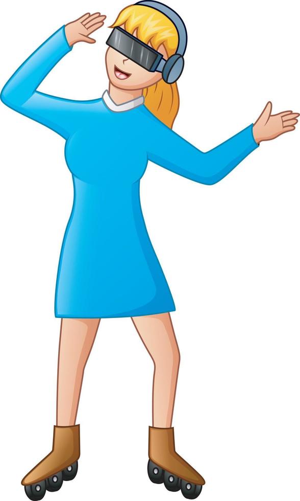 A woman wearing roller skates and virtual reality glasses vector