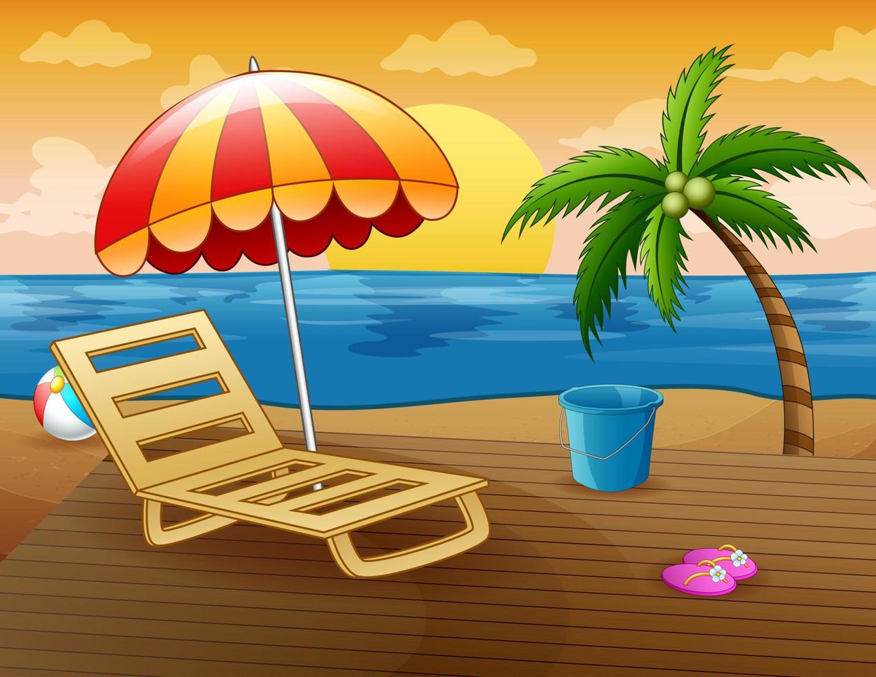 Summer beach background with sun lounger and toys vector