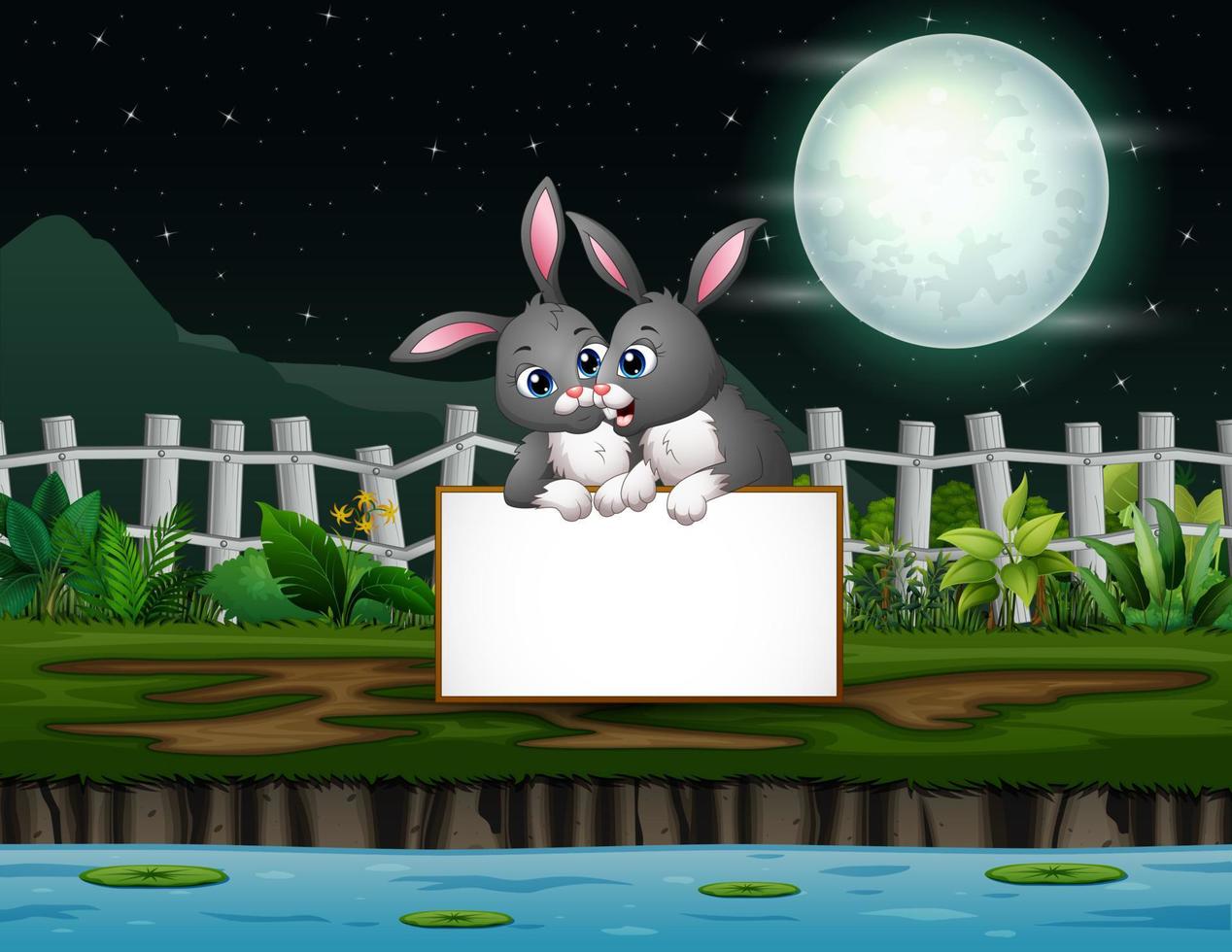 Night landscape with bunnies cartoon holding blank sign by the lake vector