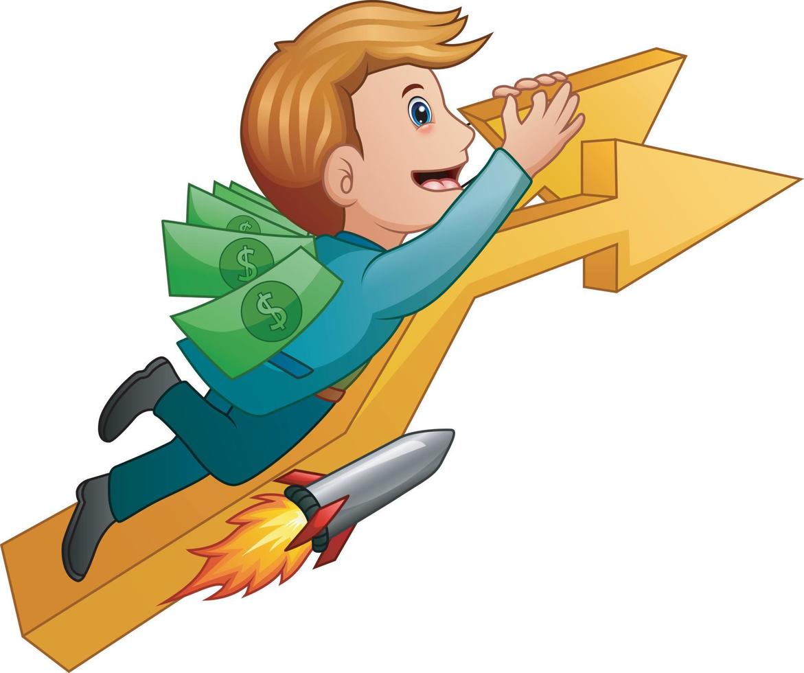 Young businessman riding rocket with up arrow vector