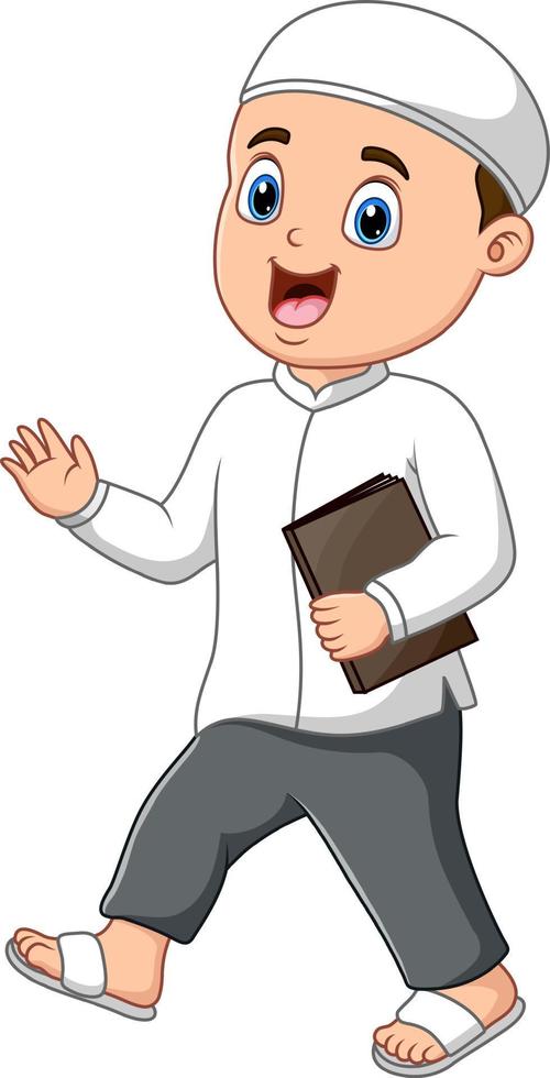 Cartoon illustration of islamic boy holding a book vector