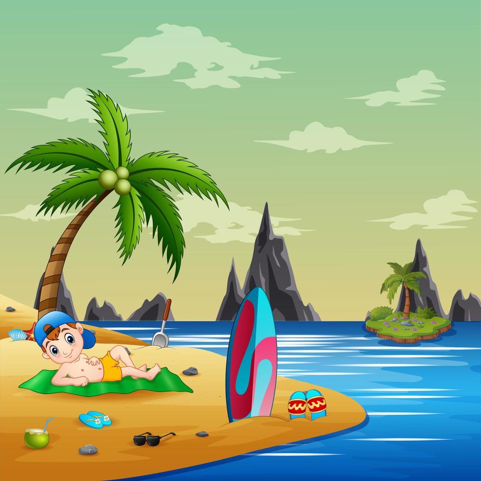 Cartoon boy lying on the mat and enjoying the beach view vector