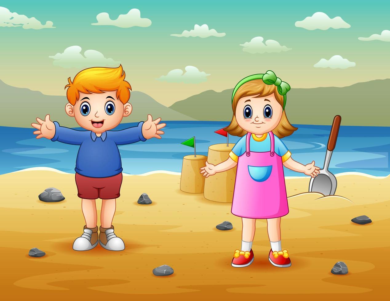 lindos los niños en la playa de verano vector