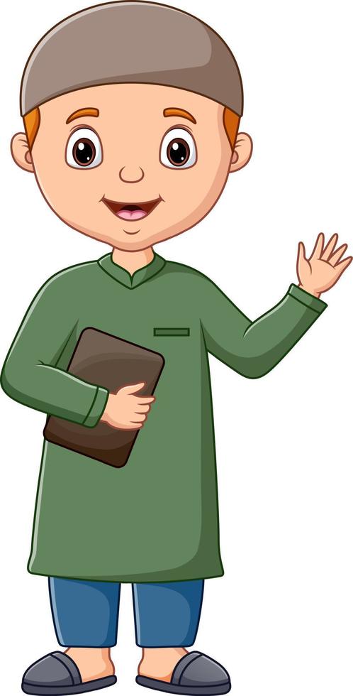 Cartoon illustration of islamic boy holding a book vector