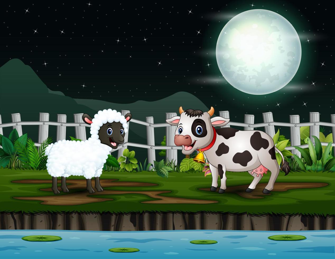 Cartoon of farm animals playing by the lake at night vector