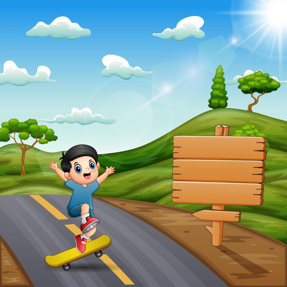 Boy having fun riding a skateboard on the road vector