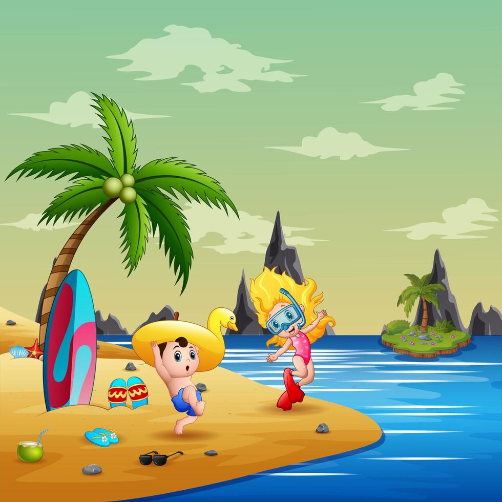 Funny children are playing on the beach vector