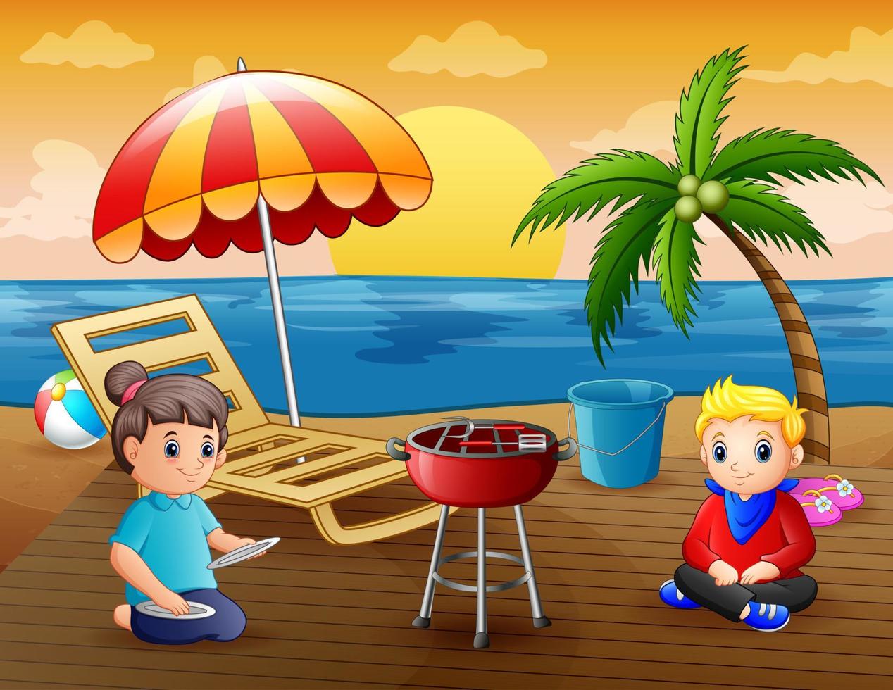 ilustración de una madre y su hijo barbacoa en la playa en verano vector