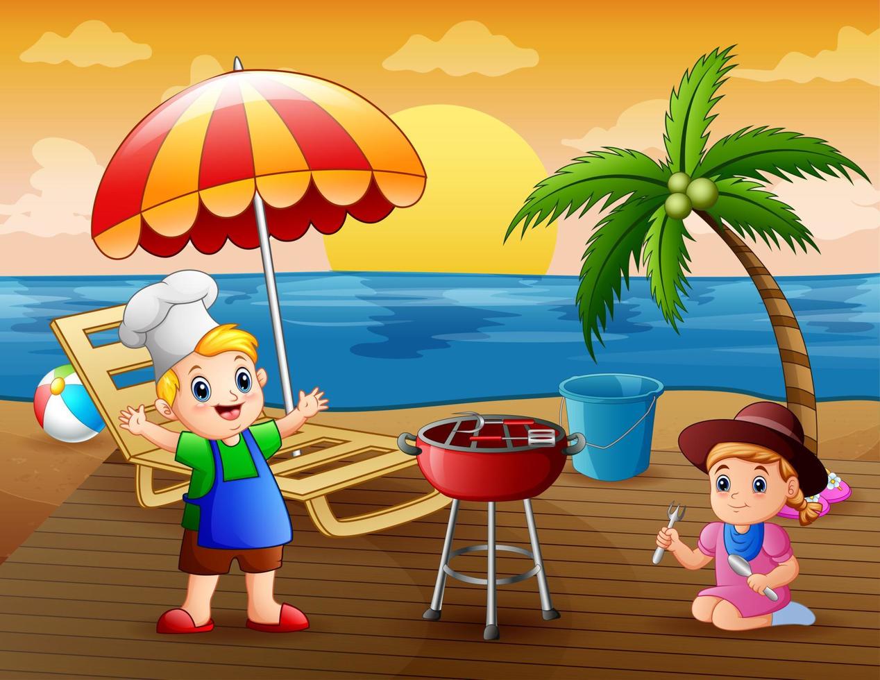 barbacoa de niños felices en la playa en verano vector