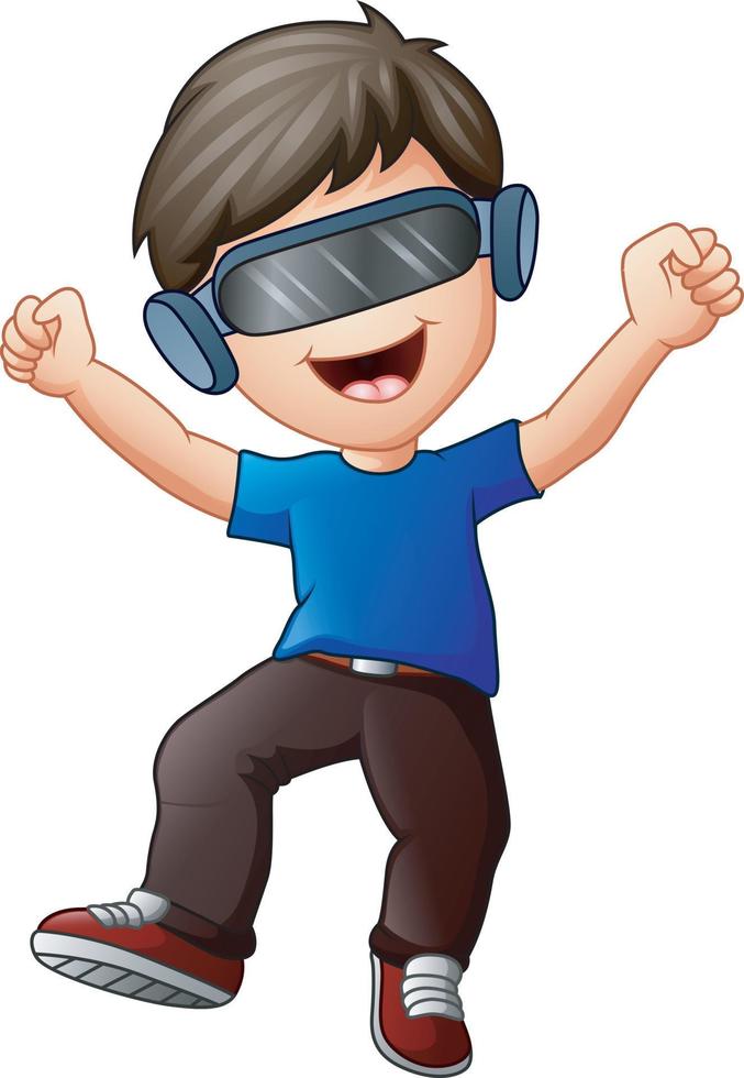 Cartoon boy playing cyber game, learning, fantasy experience for children vector