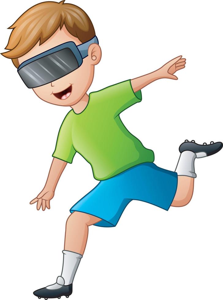 Young man wearing soccer uniform and play with virtual glasses vector