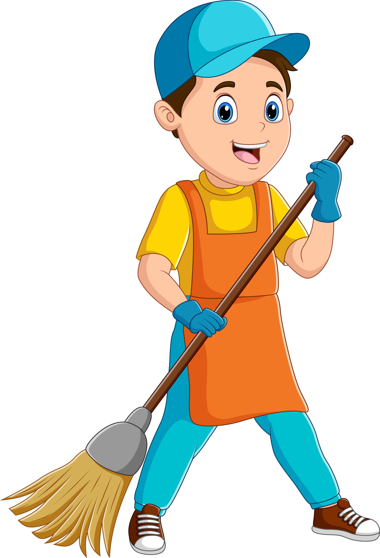 Cleaner man in uniform holding a broom and smiling 10574628 vector art