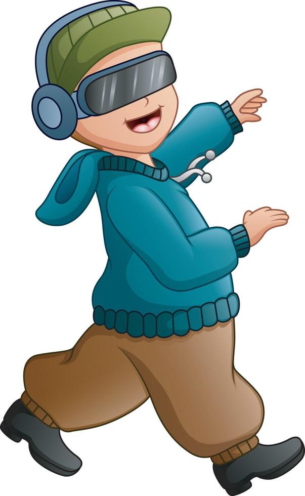 A boy wearing warm clothes in virtual reality glasses vector