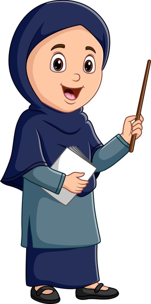 Muslim female teacher with hijab holding a book and pointing vector