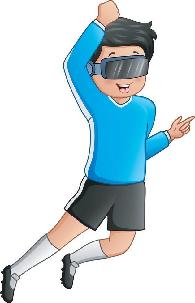 Young man wearing soccer uniform and play with virtual glasses vector