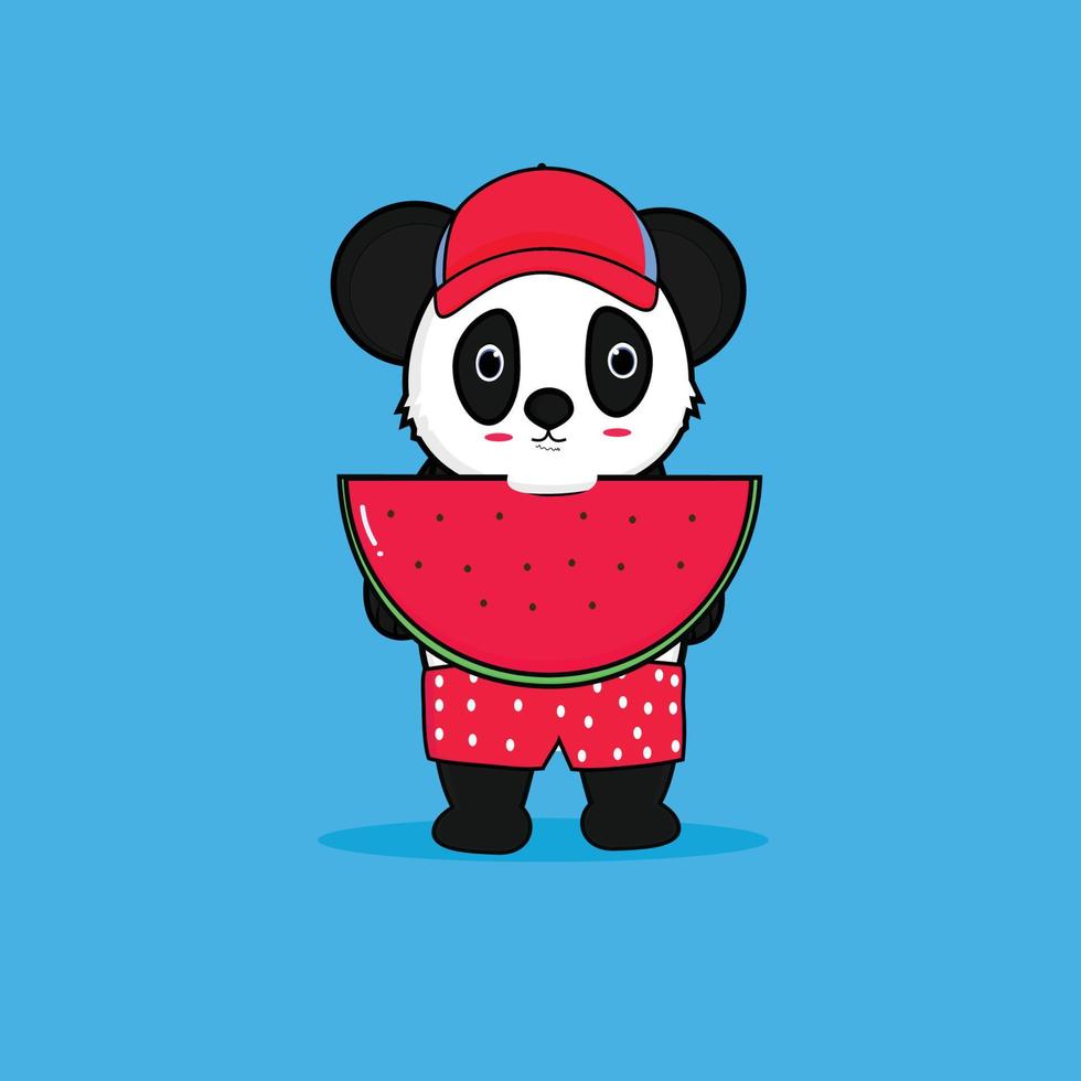 Lindo panda comiendo ilustración de icono de vector de sandía. concepto de icono de música animal vector premium aislado. estilo de dibujos animados plana