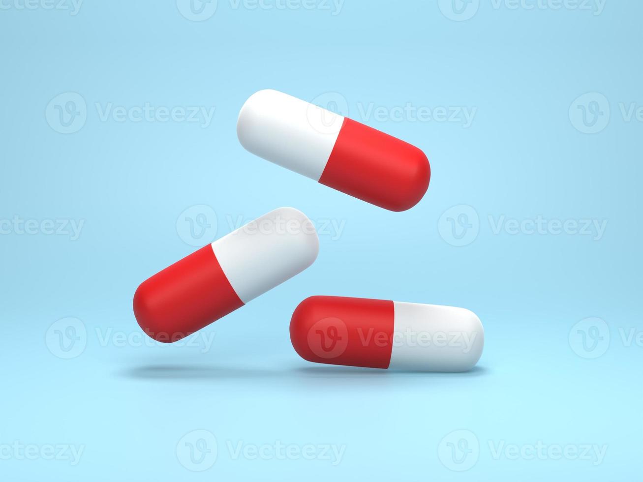 3D render, 3D illustration. White and red capsule pill. Medicine capsules on blue pastel background. photo
