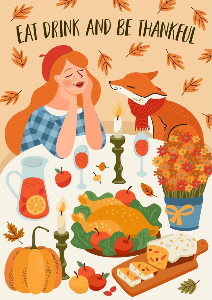 Happy Thanksgiving illustration. Cute lady with fox at festive table. Vector design for card, poster, flyer, web and other use