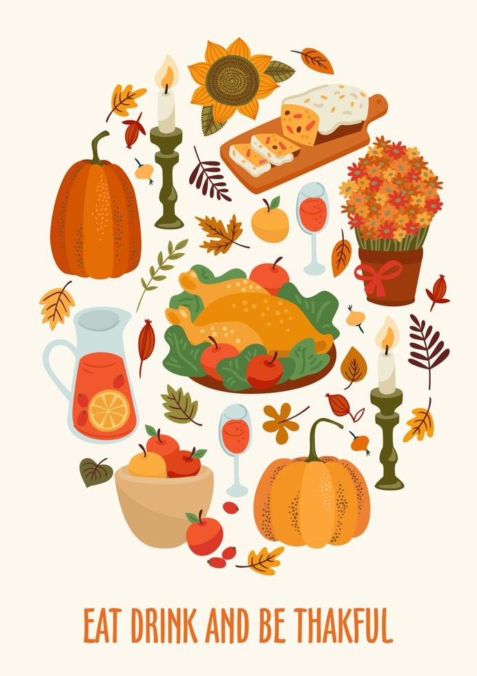 Happy Thanksgiving illustration with festive table, Vector design for card, poster, flyer, web and other use