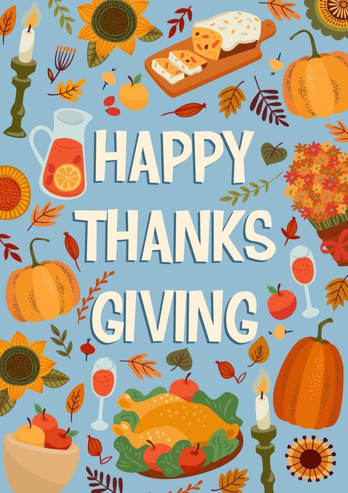 Happy Thanksgiving illustration with festive table, Vector design for card, poster, flyer, web and other use