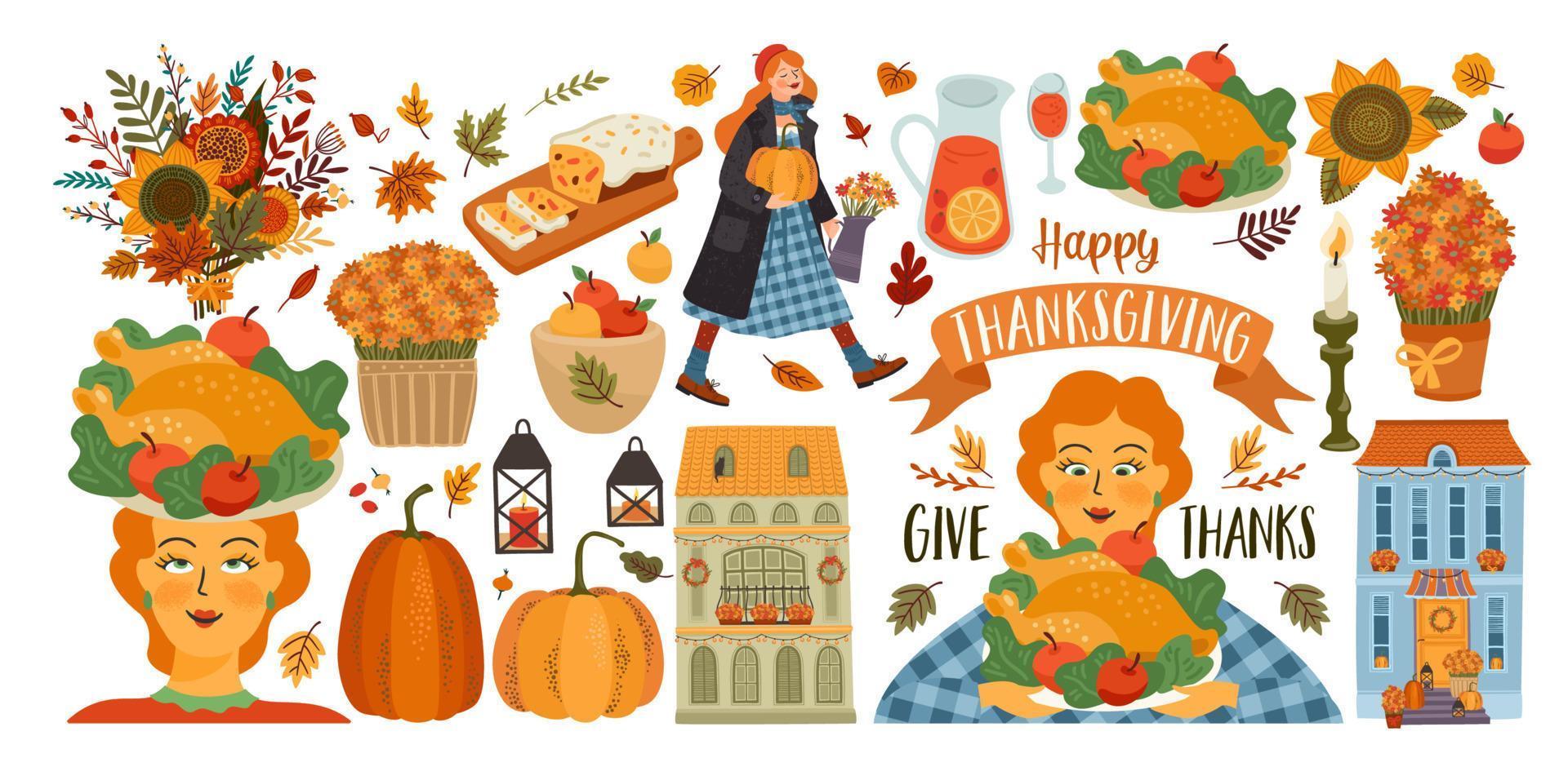 Happy Thanksgiving. Set of isolated vector illustrations for card, poster, flyer, web and other use