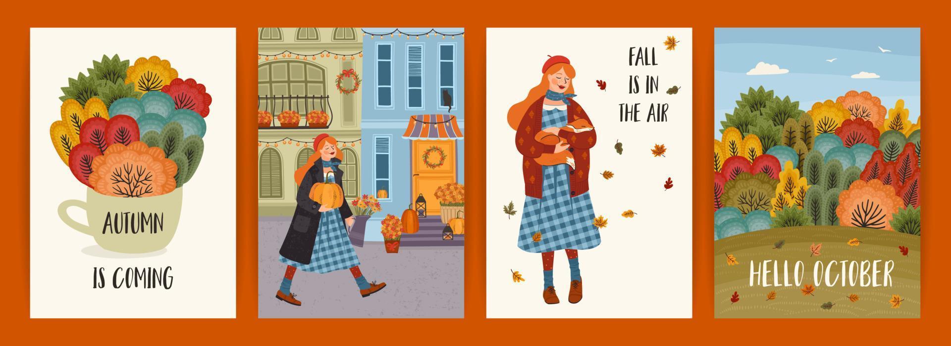 conjunto de ilustraciones de otoño con linda chica. diseño vectorial para tarjetas, afiches, volantes, web y otros usos. vector