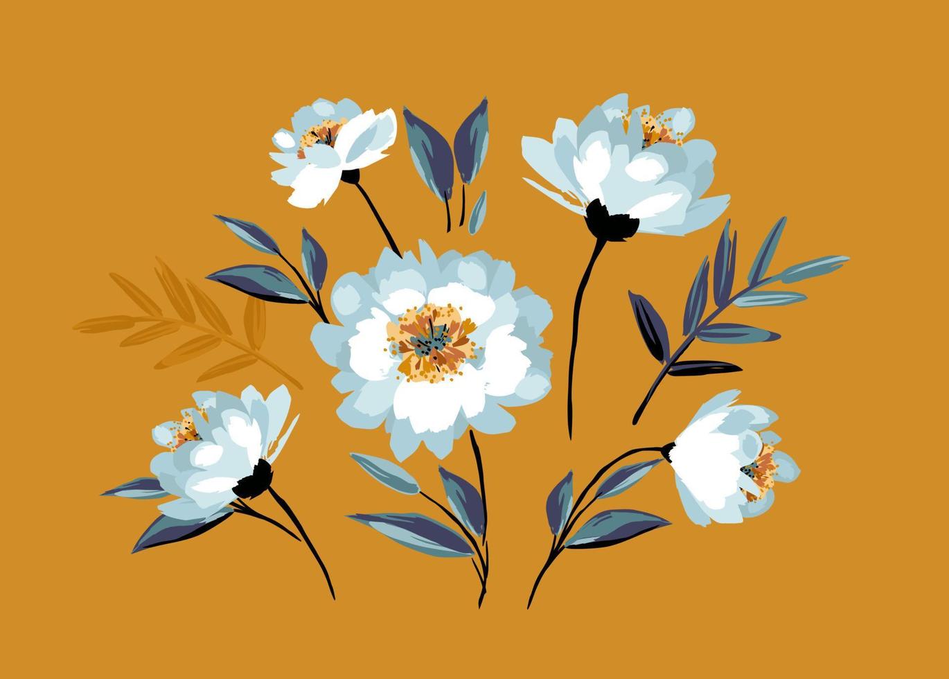 Set of floral design elements. Leaves, flowers, grass, branches Vector illustration