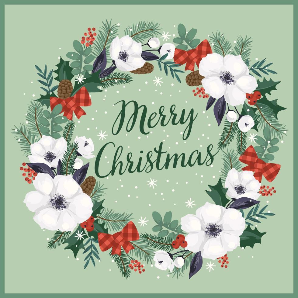 Christmas and Happy New Year illustration with Christmas tree and flowers. Trendy retro style. Vector design template.