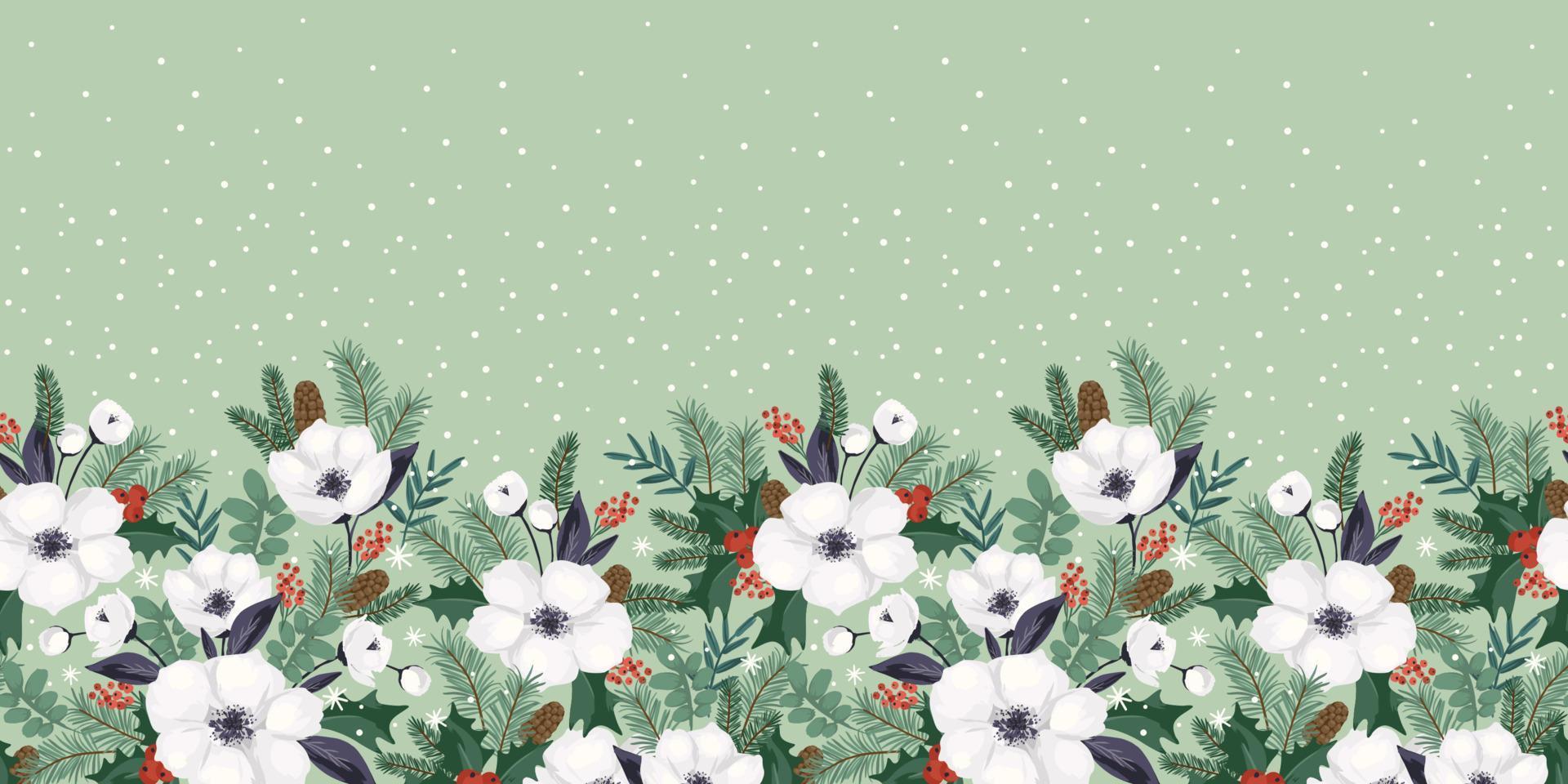 Christmas and Happy New Year seamless border. Christmas tree, flowers, berries. New Year symbols. Vector design template.