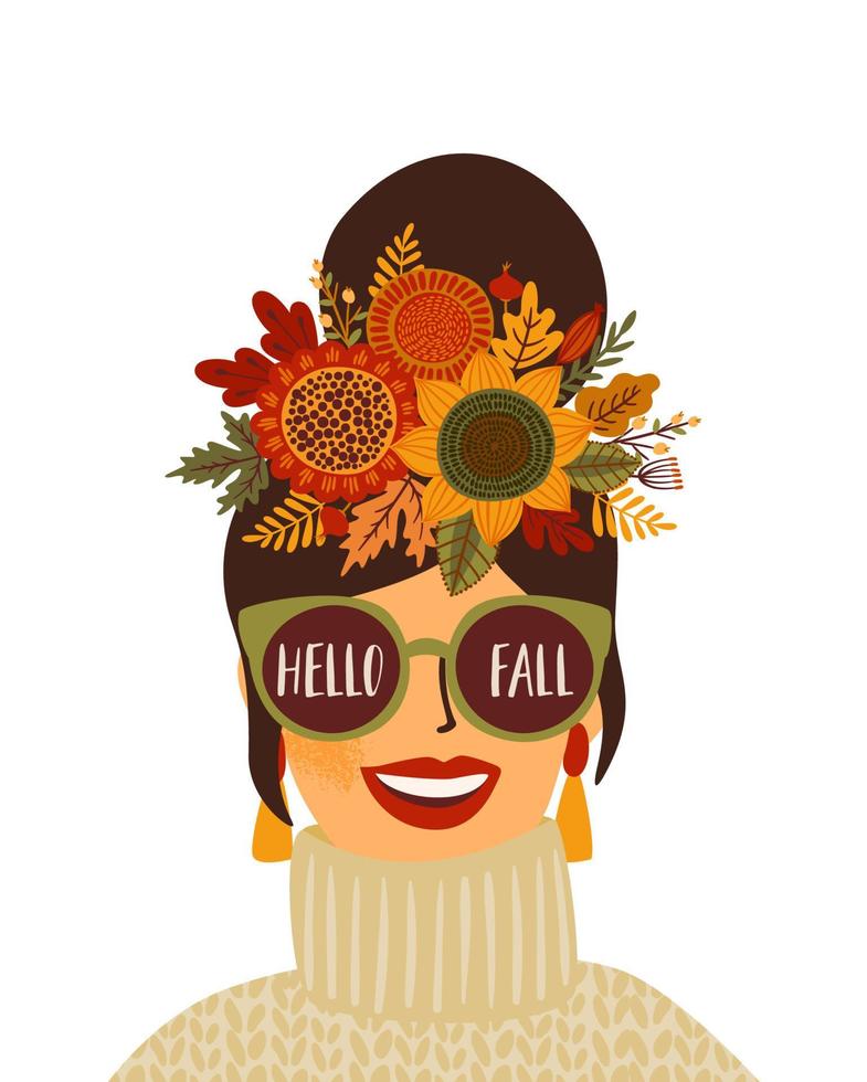 Autumn illustration with cute woman. Vector design for card, poster, flyer, web and other use