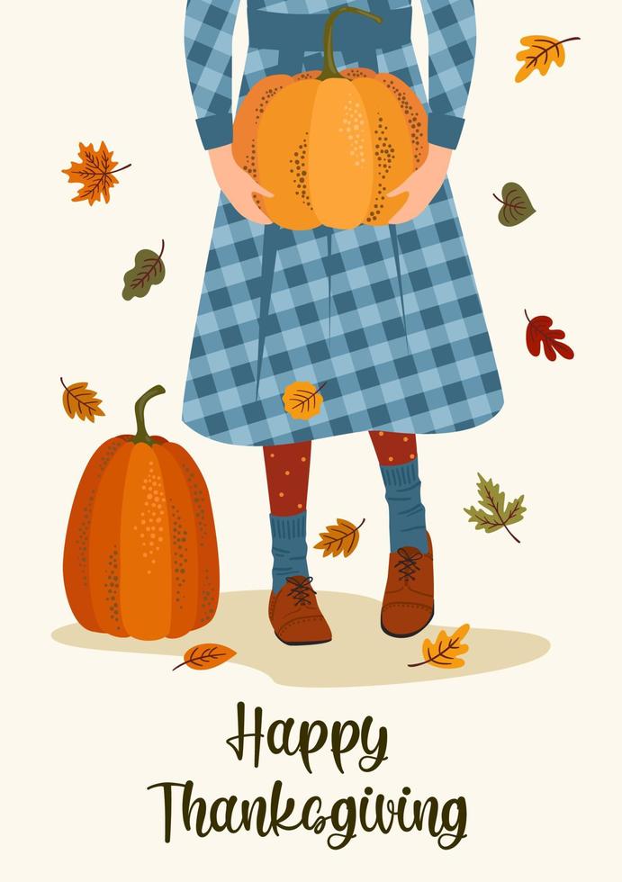 Happy Thanksgiving illustration. Cute lady with pumpkin. Vector design for card, poster, flyer, web and other use
