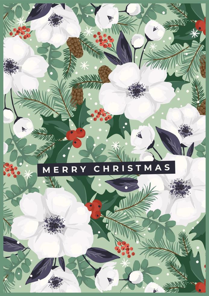 Christmas and Happy New Year illustration with Christmas tree and flowers. Trendy retro style. Vector design template.