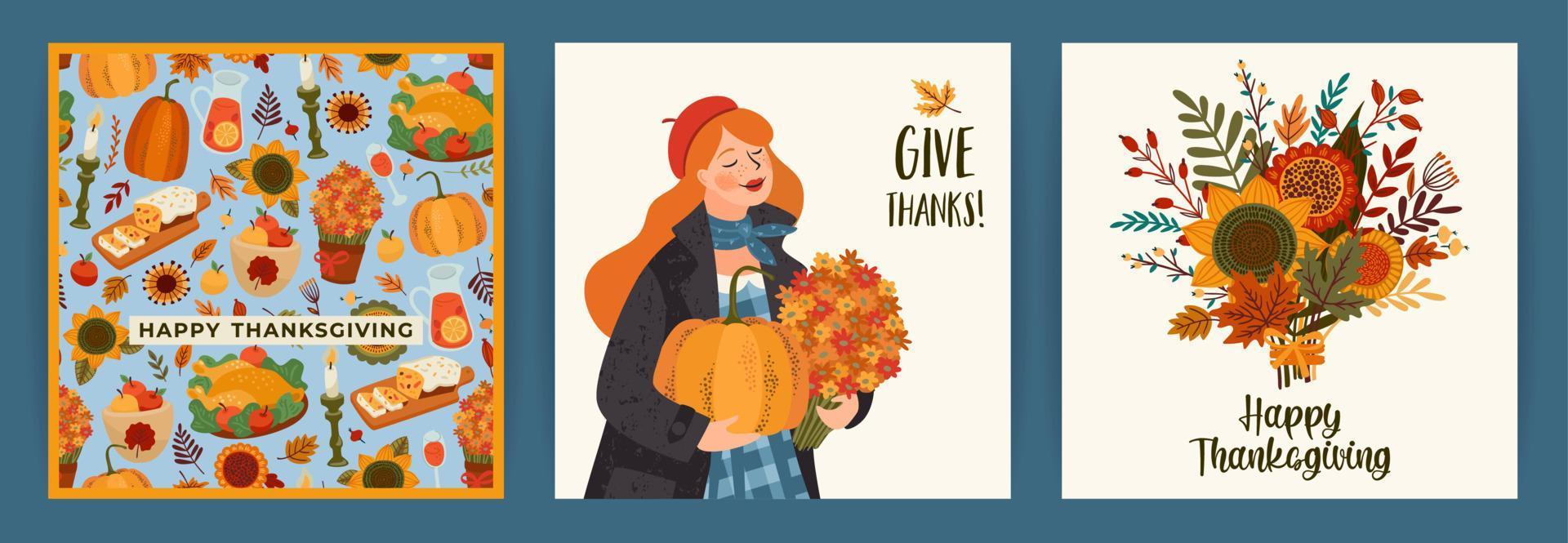 Happy Thanksgiving illustrations. Set of vector designs for card, poster, flyer, web and other use