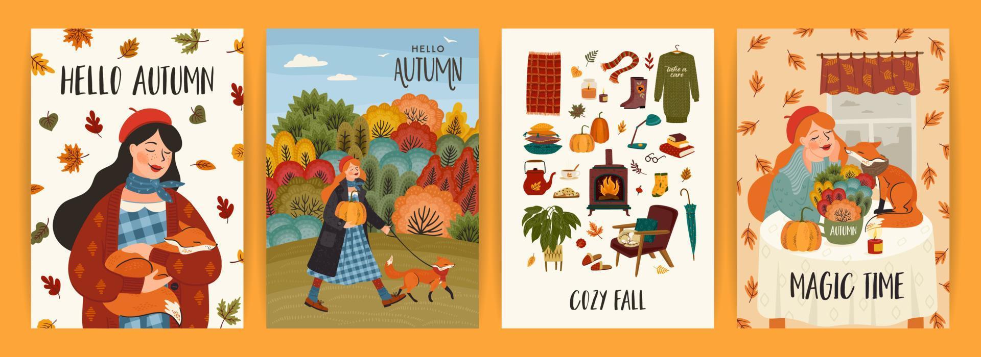 Set of autumn illustrations with cute girl. Vector design for card, poster, flyer, web and other use.