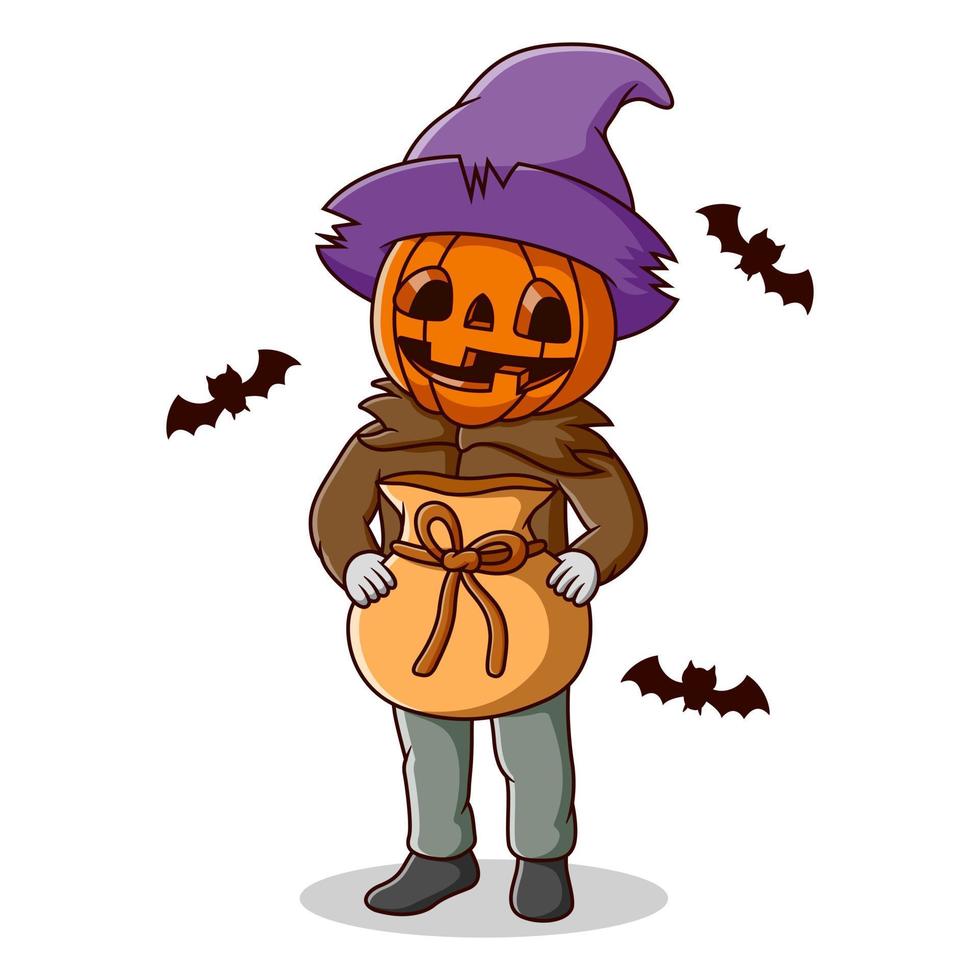 Cute pumpkin costume holding sack vector