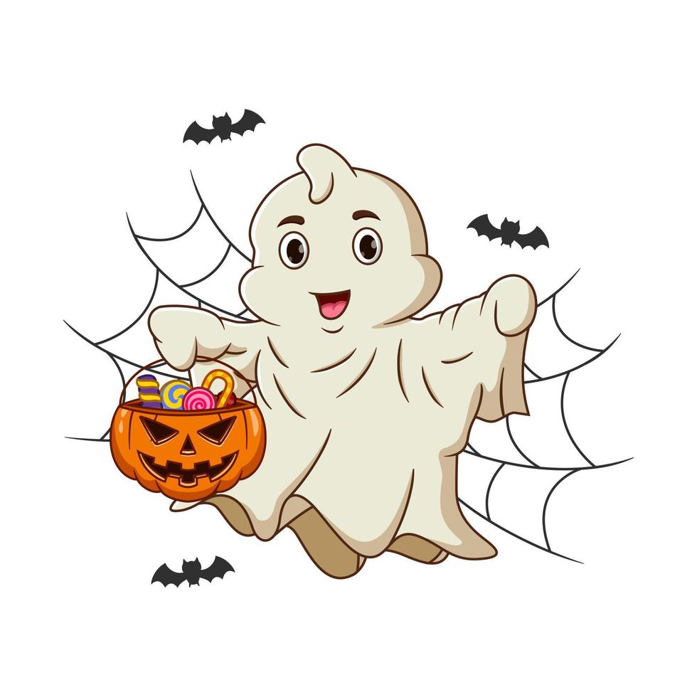 Cute spooky flying ghosts hold pumpkin bucket with candies vector