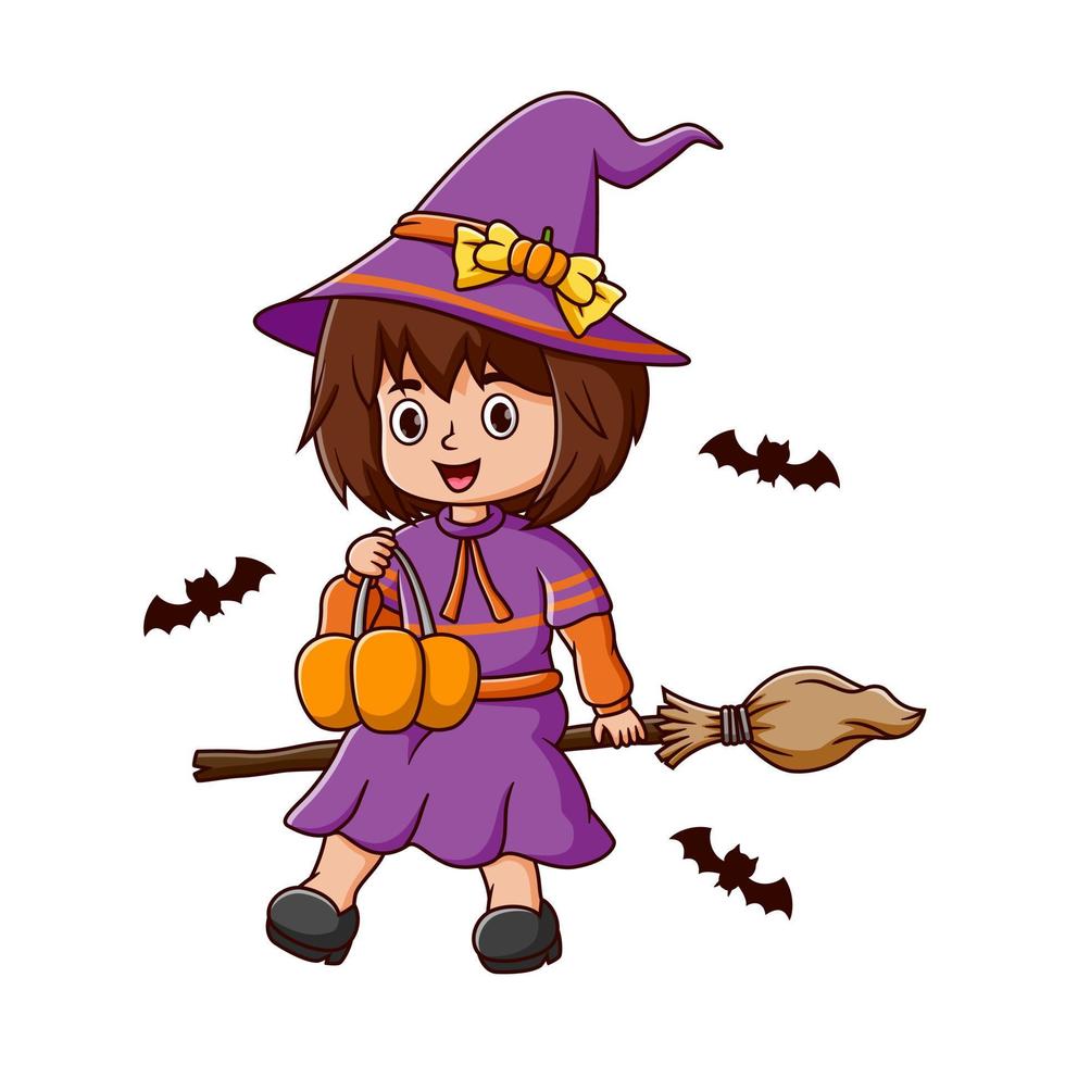 A little witch holding pumpkin flies on broom on white background vector