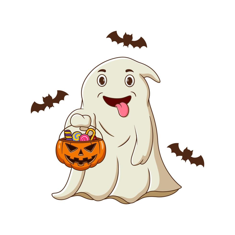 Cute spooky flying ghosts hold pumpkin bucket with candies vector