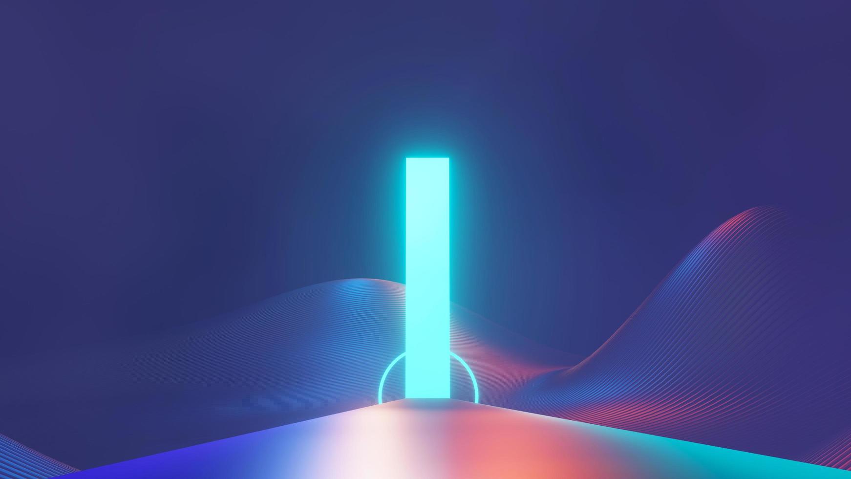 3d render of flash neon and light glowing on dark scene. Speed light moving lines. photo