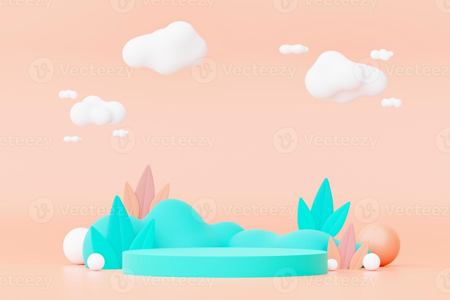 Abstract Pastel of nature, flowers leaves and tree plants with Podium stand platform. Cute Cartoon natural landscape background. Scene of spring colorful plants with minimal design. 3D Render. photo