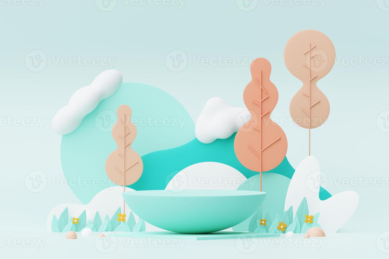 Abstract Pastel of nature, flowers leaves and tree plants with Podium stand platform. Cute Cartoon natural landscape background. Scene of spring colorful plants with minimal design. 3D Render. photo