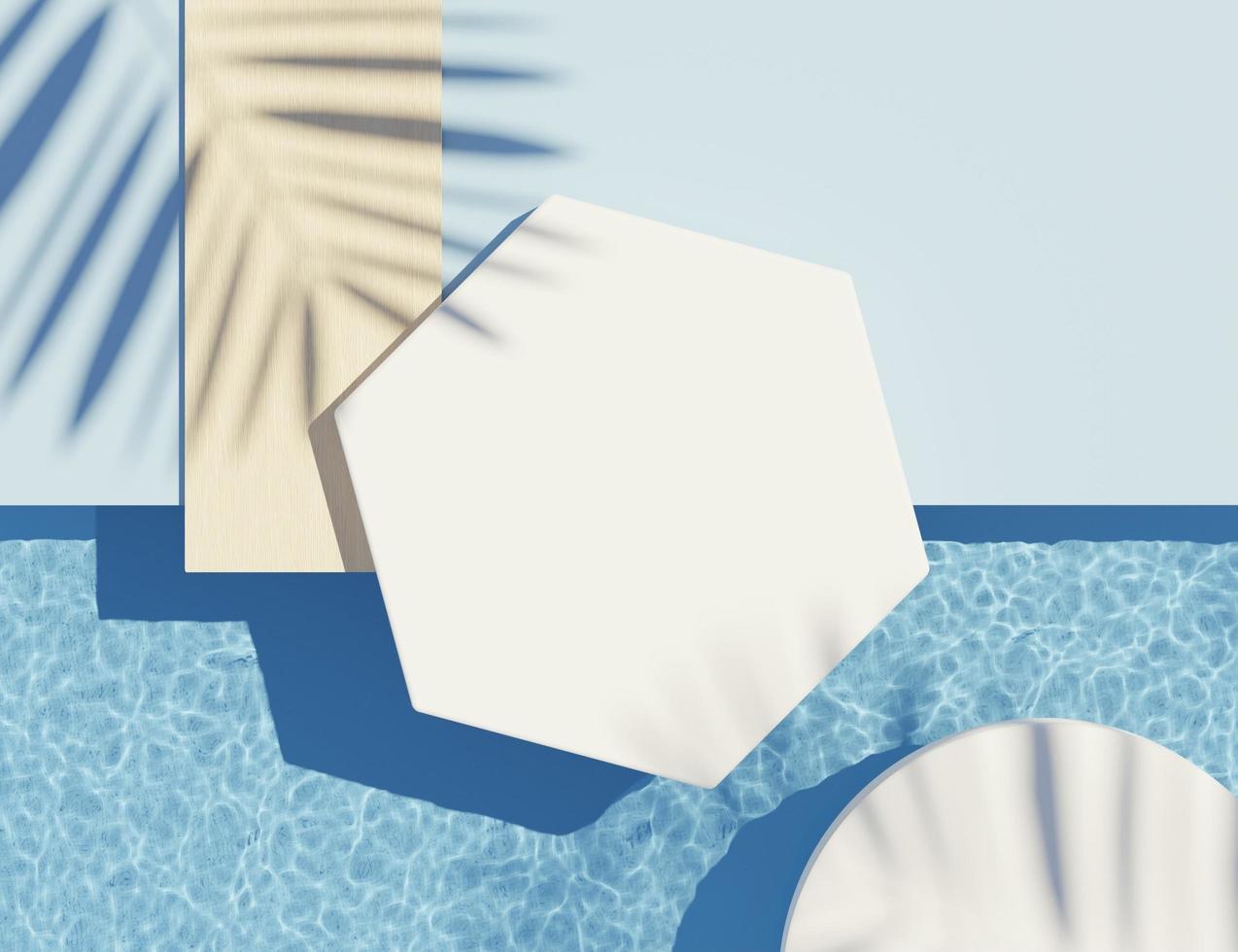 3d render top view of white blank cylinder frame for mock up and display products with water Caustics below swimming pool or shiny rays. Ripple Caustics. Summer background. Creative idea concept. photo