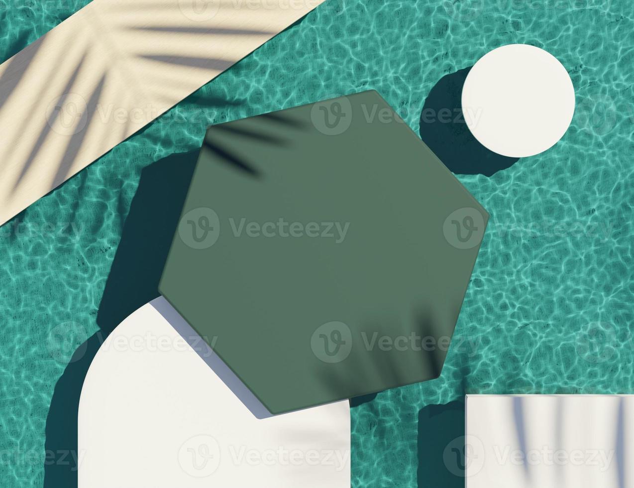 3d render top view of white blank cylinder frame for mock up and display products with water Caustics below swimming pool or shiny rays. Ripple Caustics. Summer background. Creative idea concept. photo