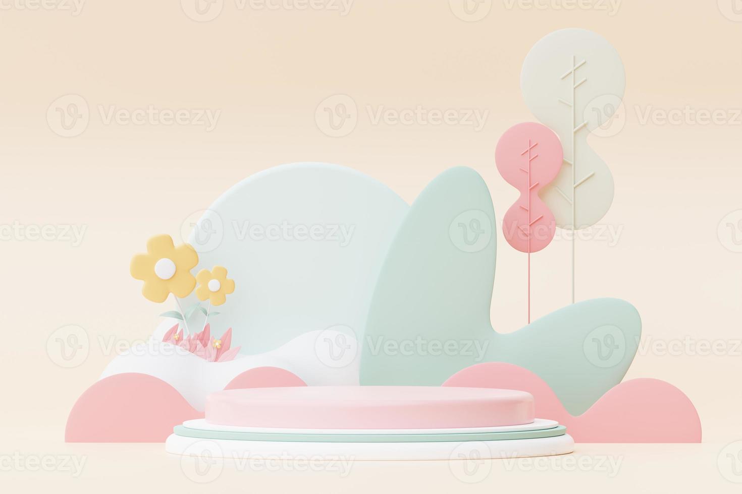 Abstract Pastel of nature, flowers leaves and tree plants with Podium stand platform. Cute Cartoon natural landscape background. Scene of spring colorful plants with minimal design. 3D Render. photo
