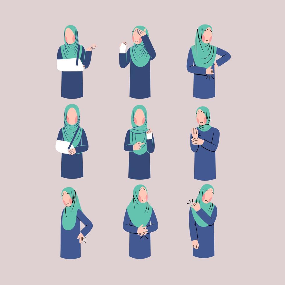 Set of Hijab Woman Character With Injury vector