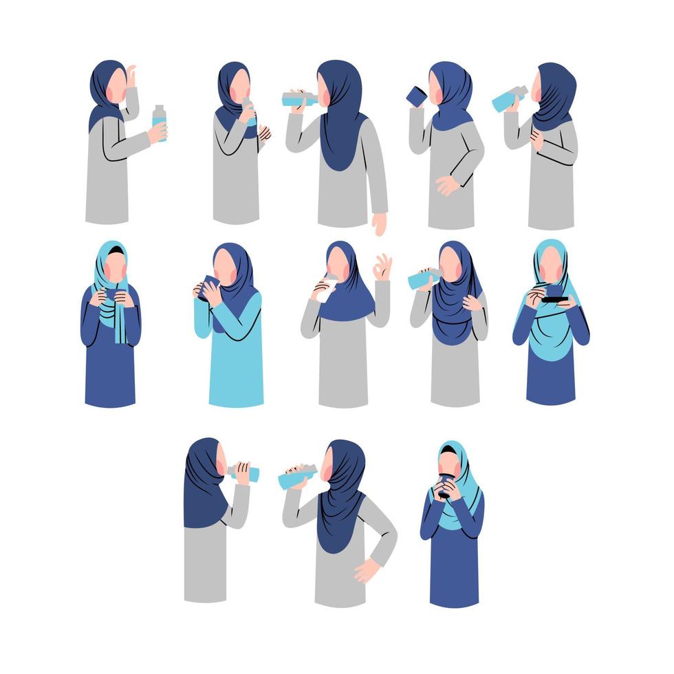 Set Of Hijab Woman Drinking Character vector