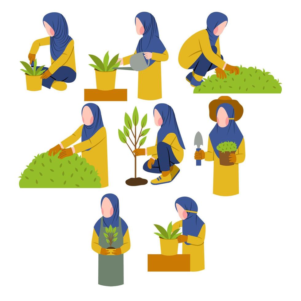 conjunto de personajes de jardinero hijab vector