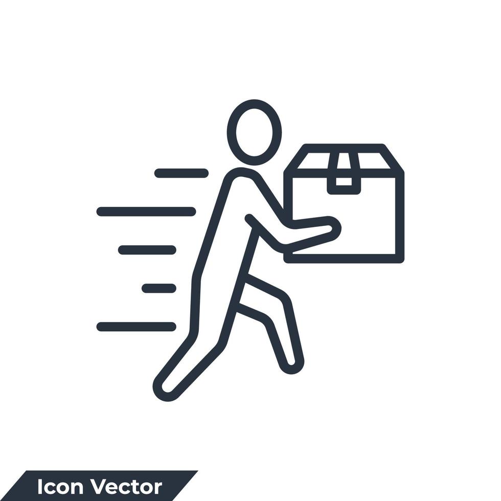 courier delivery icon logo vector illustration. moving man with box, person holding in hand package symbol template for graphic and web design collection